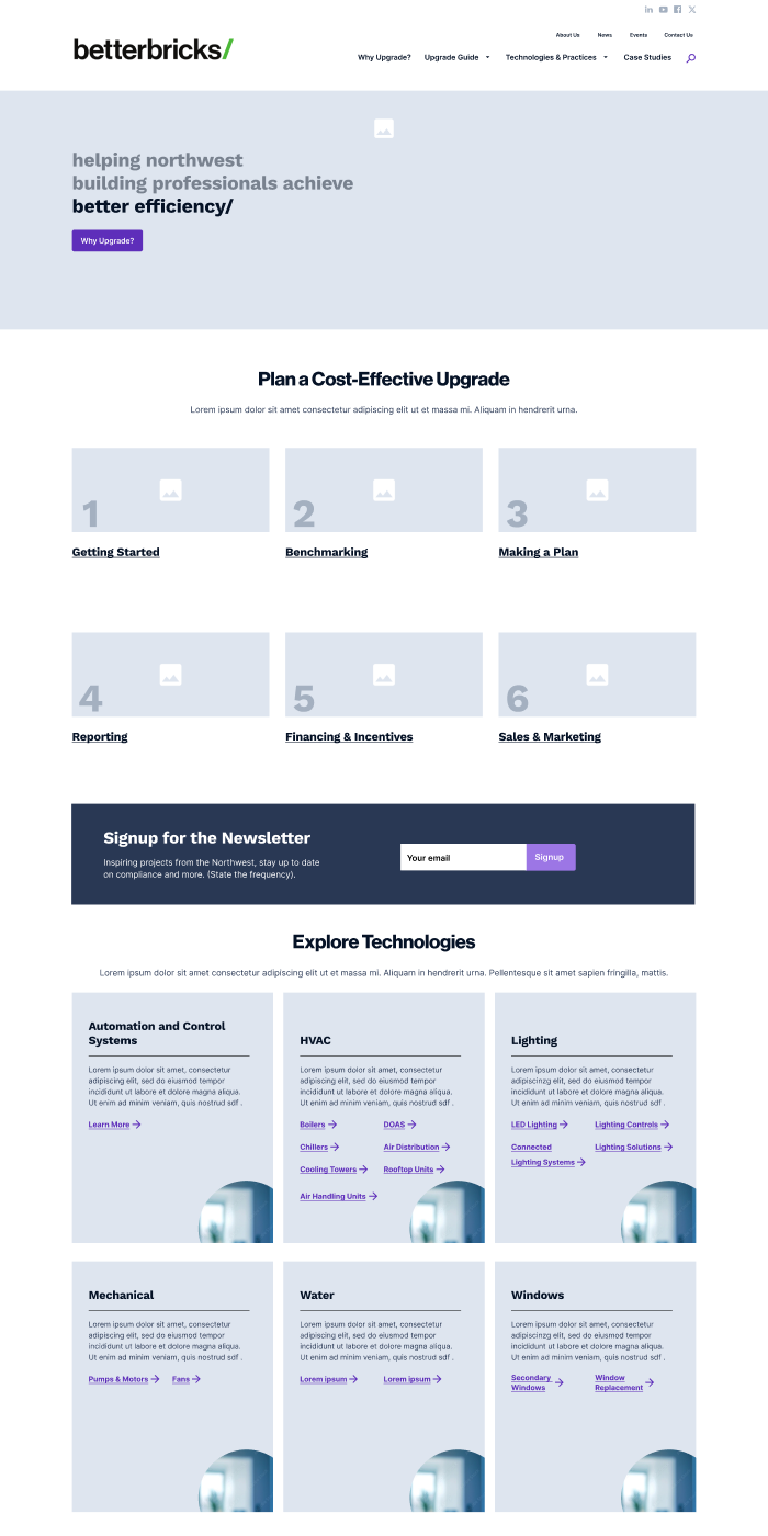 Page layout wireframes for Betterbricks.