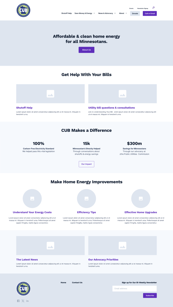 Page layout wireframes for Citizens Utility Board.
