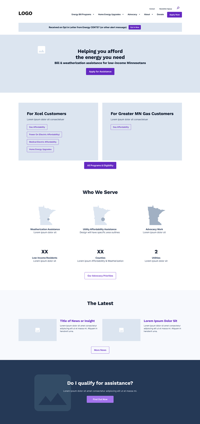 Page layout wireframes for EnergyCENTS.