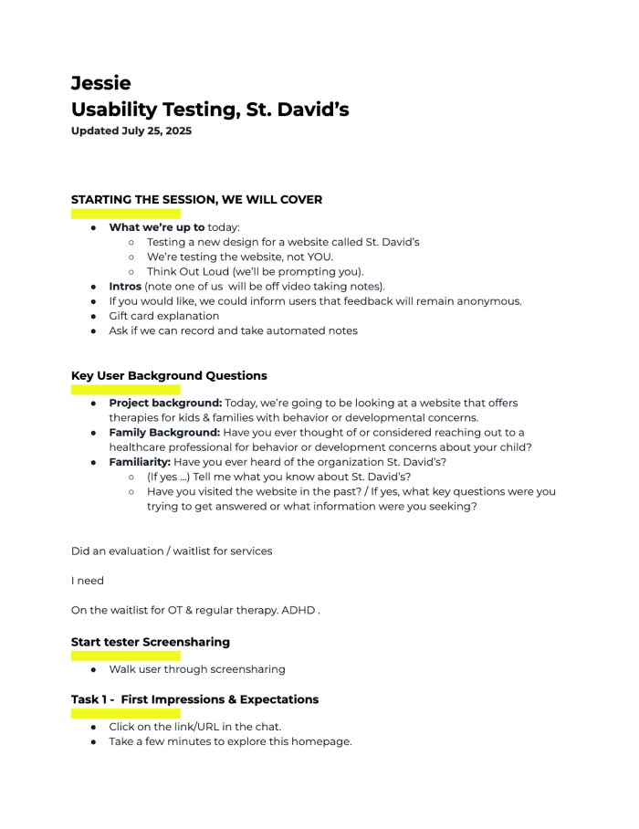 User testing for St. David's.