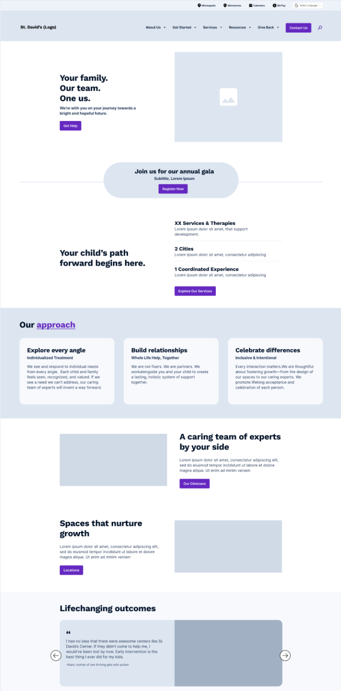 Page layout wireframes for St. David's.